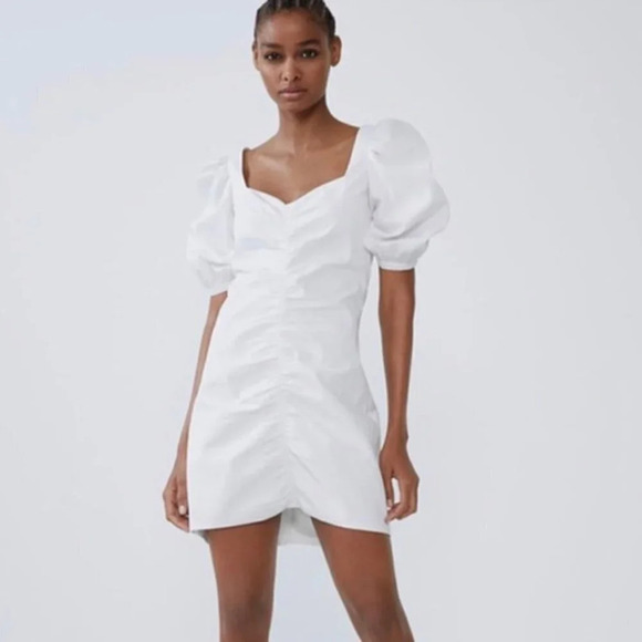 Zara Ruched Cotton Puff Sleeve Mini Dress White  Sz S - Picture 1 of 7